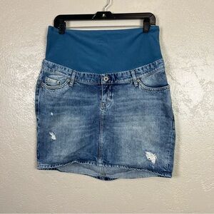 H & M Mama Pregnancy Maternity Denim Over Bump Mini‎ Distressed Blue Skirt Sz 14